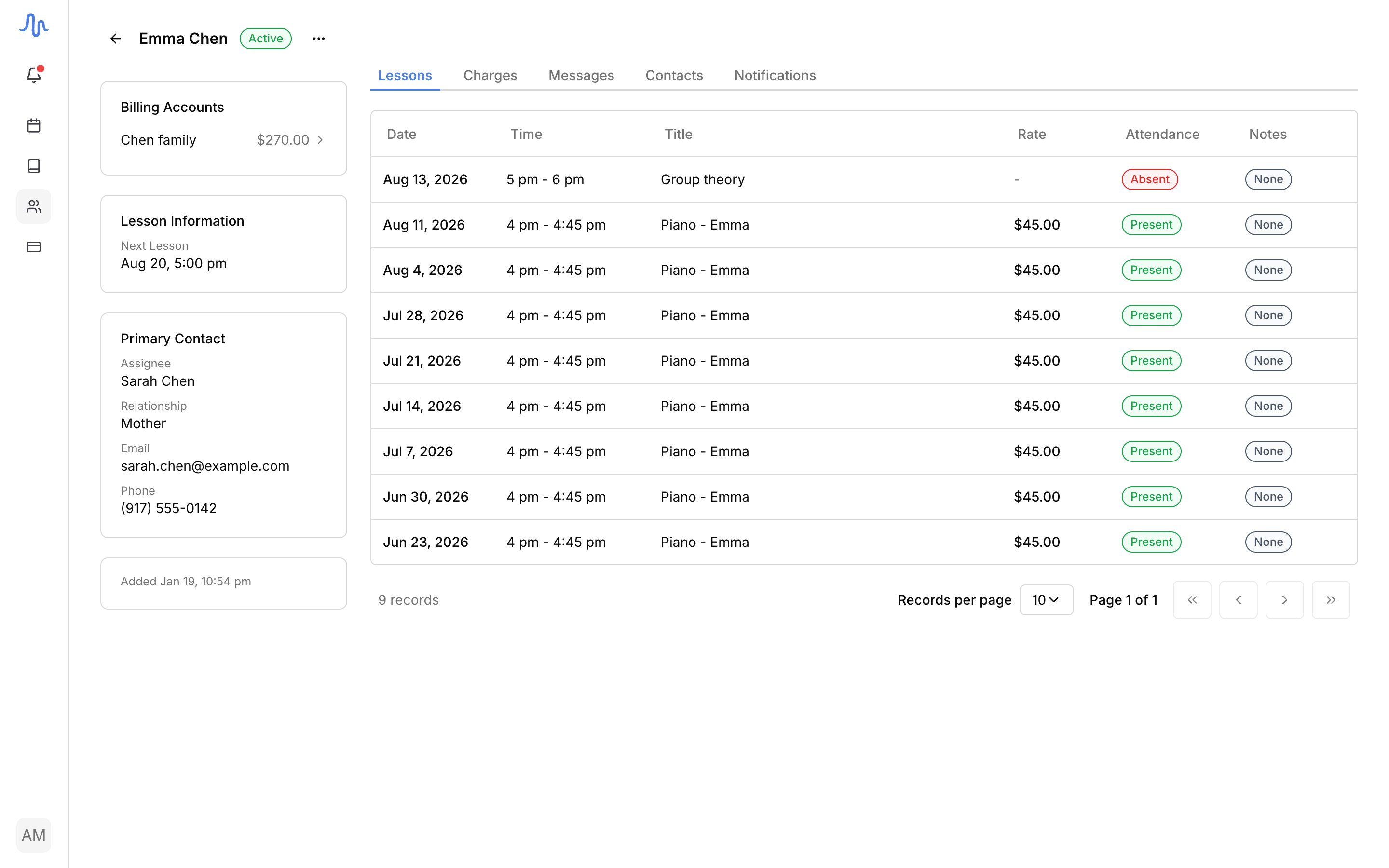 A student profile with the Billing accounts / Lesson information / Primary contact sidebar cards and the Lessons tab open