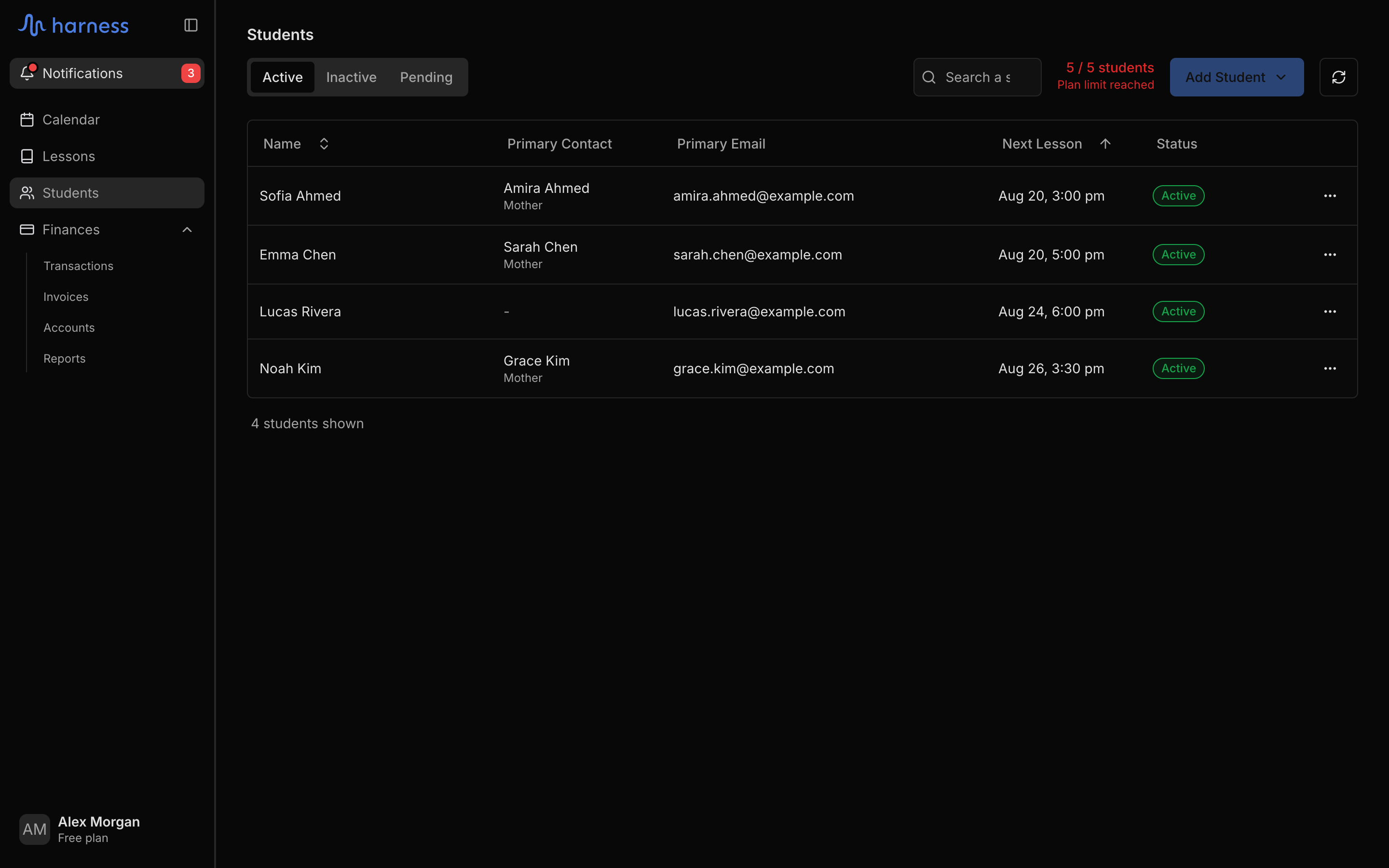 The Students list on the Active tab: four students with their primary contact, email, next lesson, and an Active status pill, with the Inactive and Pending tabs and the students-used meter above