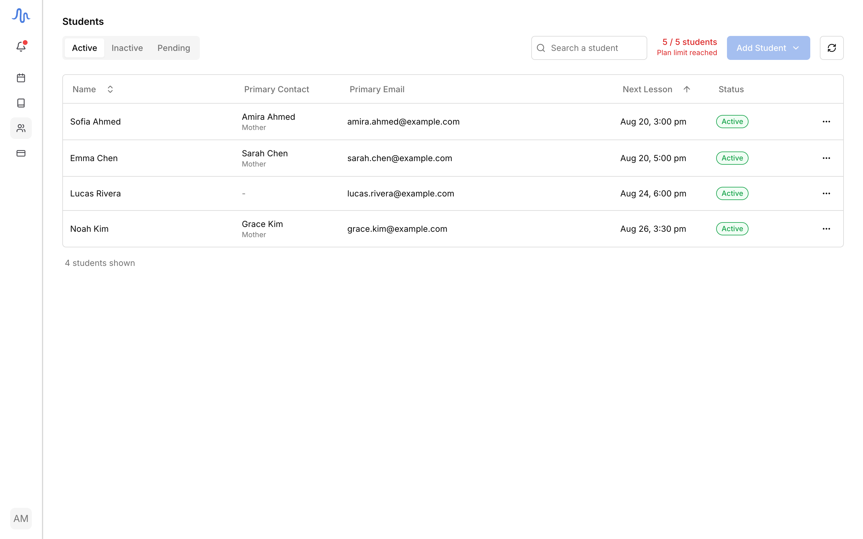 The Students list on the Active tab: four students with their primary contact, email, next lesson, and an Active status pill, with the Inactive and Pending tabs and the students-used meter above