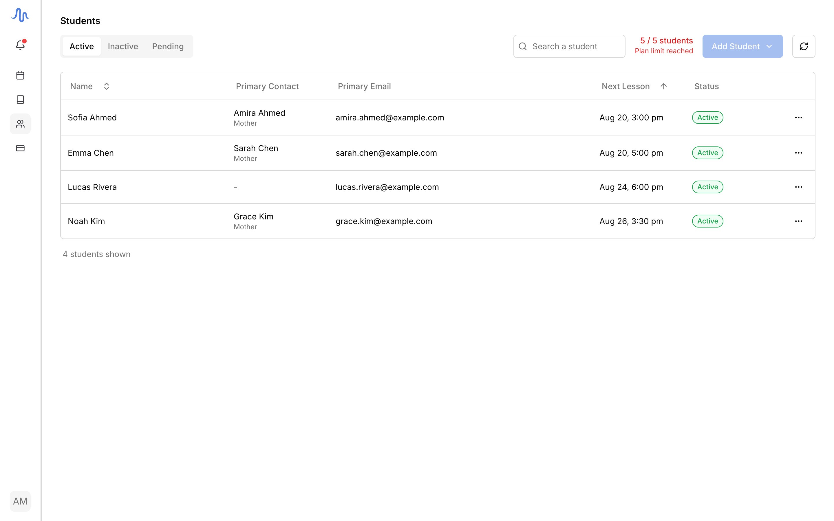 The Students list on the Active tab: four students with their primary contact, email, next lesson, and an Active status pill, with the Inactive and Pending tabs and the students-used meter above
