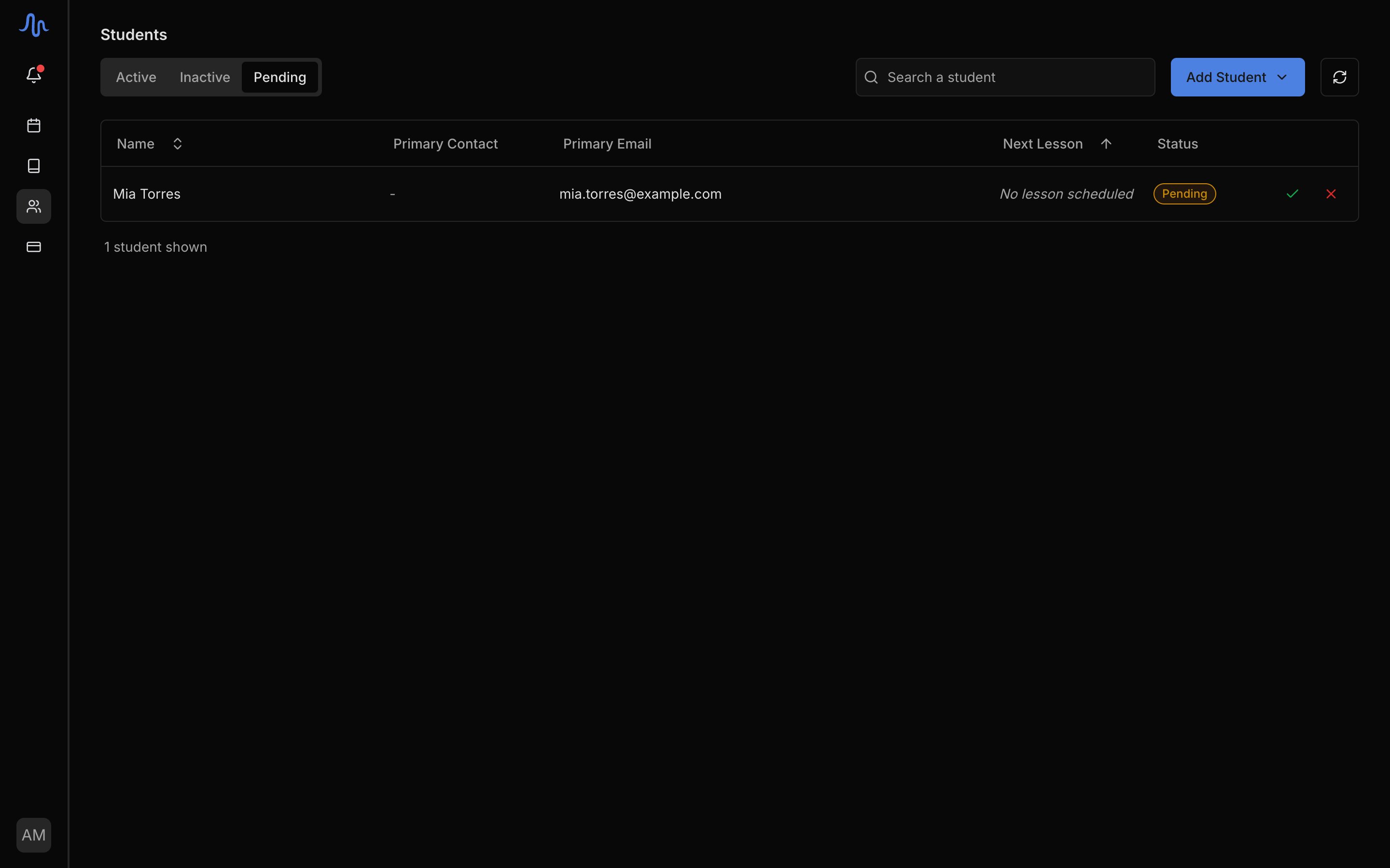 The Students Pending tab with one submitted student row and the Approve / Reject buttons