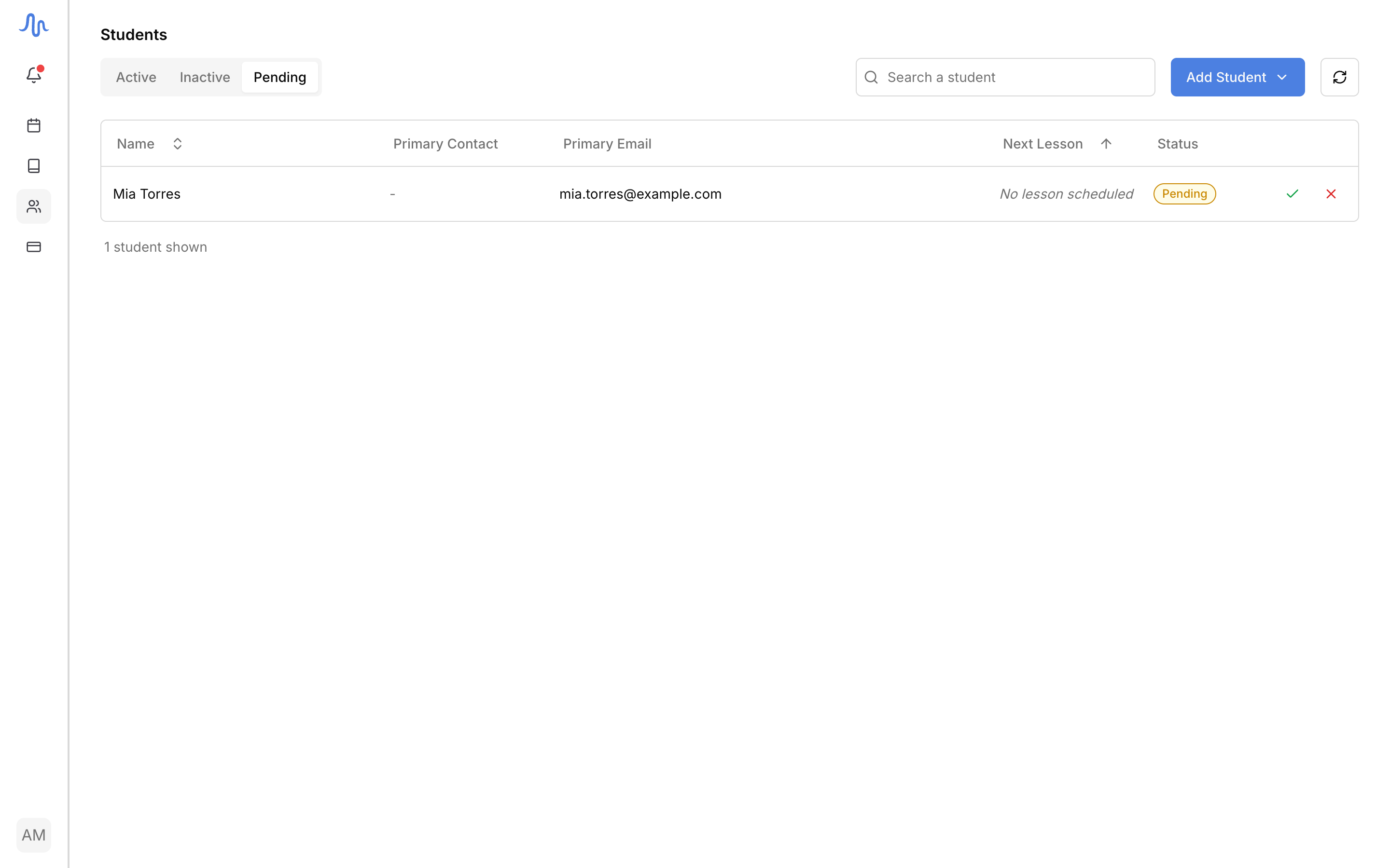 The Students Pending tab with one submitted student row and the Approve / Reject buttons