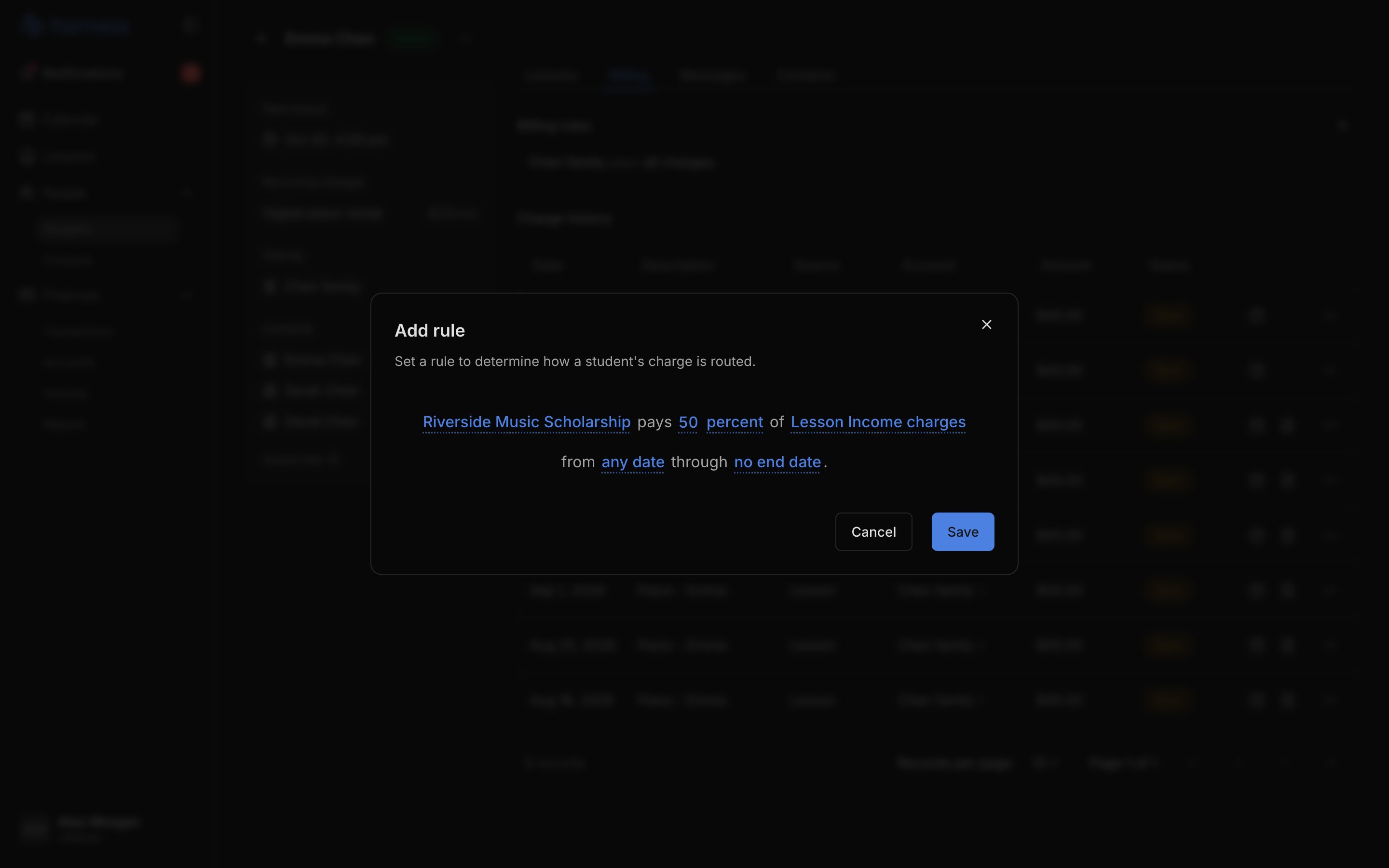 The Add rule modal over Emma Chen's Billing tab, reading "Riverside Music Scholarship pays 50 percent of Lesson Income charges from any date through no end date.", with the Cancel and Save buttons.