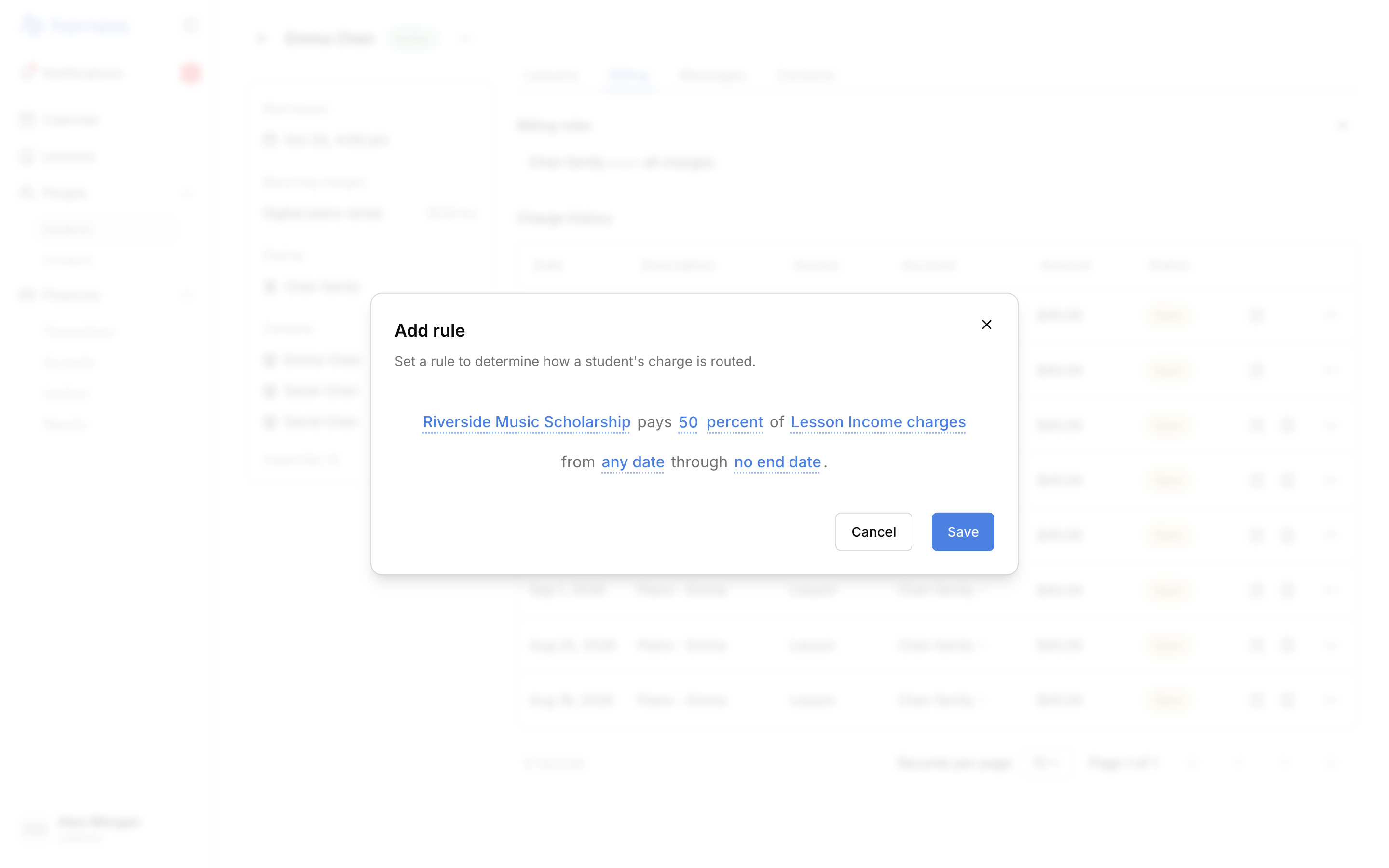 The Add rule modal over Emma Chen's Billing tab, reading "Riverside Music Scholarship pays 50 percent of Lesson Income charges from any date through no end date.", with the Cancel and Save buttons.