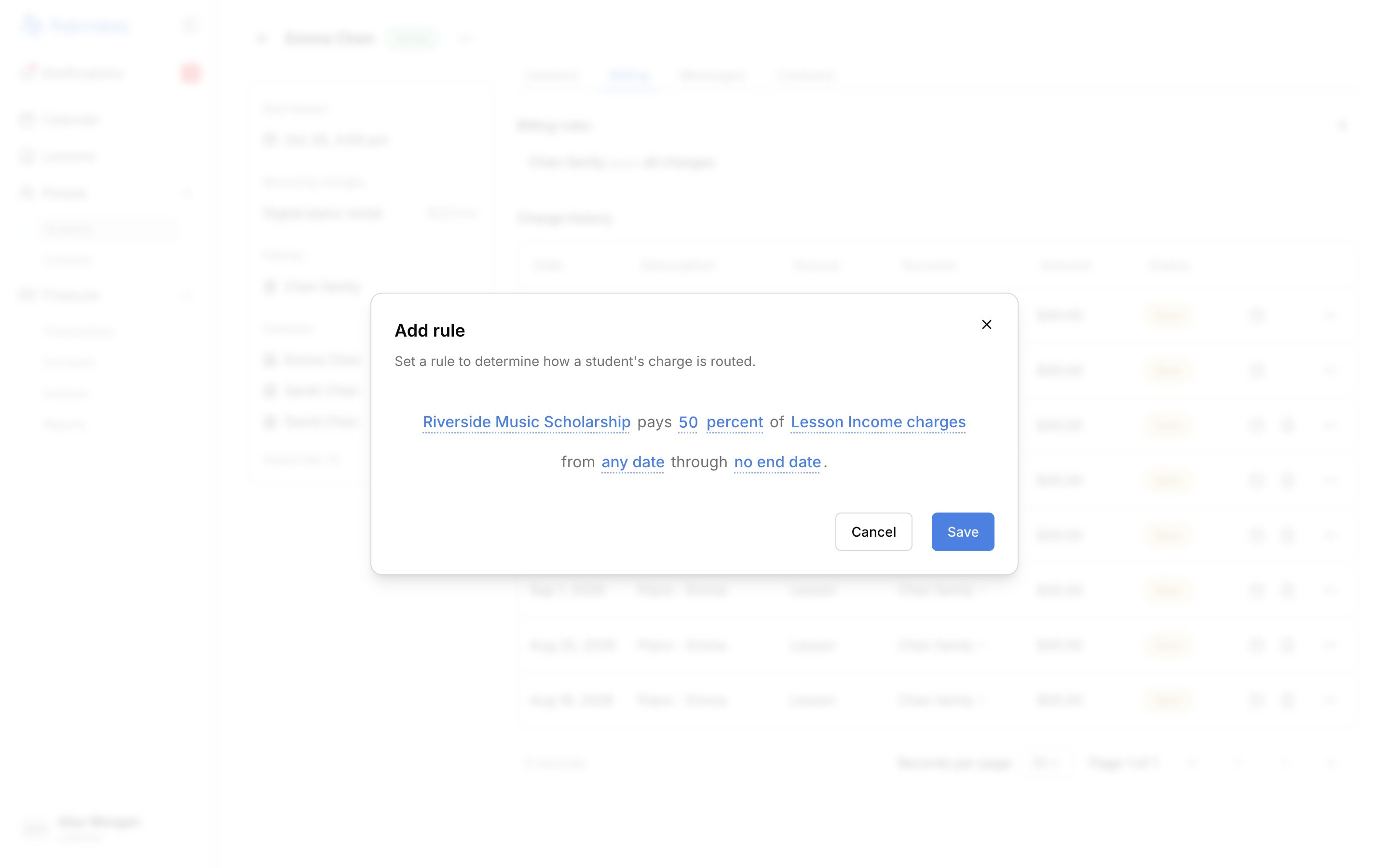 The Add rule modal over Emma Chen's Billing tab, reading "Riverside Music Scholarship pays 50 percent of Lesson Income charges from any date through no end date.", with the Cancel and Save buttons.