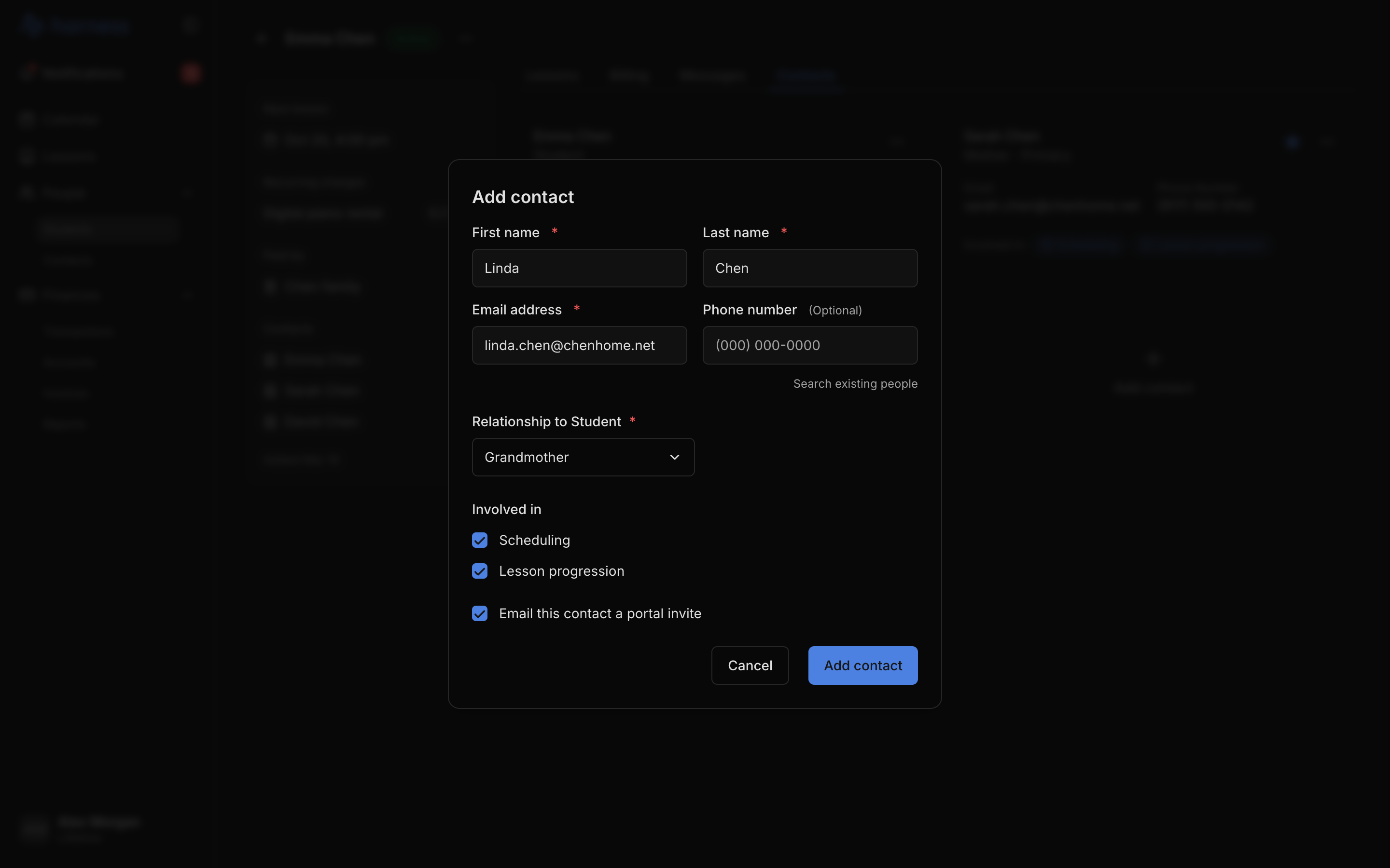 The Add contact dialog filled in for a new person, Linda Chen (linda.chen@chenhome.net), with Relationship to Student set to Grandmother, Scheduling and Lesson progression ticked, "Email this contact a portal invite" ticked, and the Cancel and Add contact buttons.