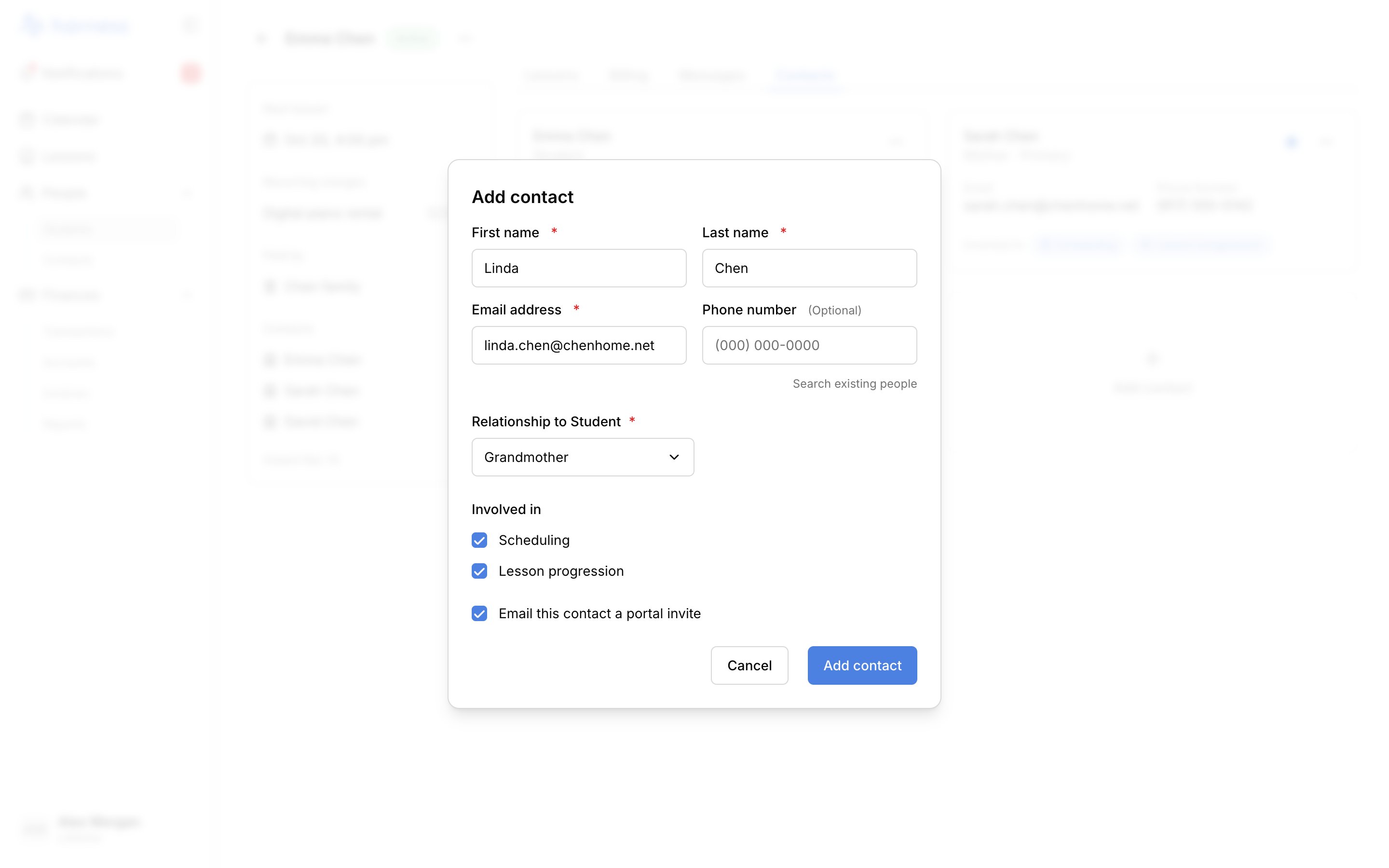 The Add contact dialog filled in for a new person, Linda Chen (linda.chen@chenhome.net), with Relationship to Student set to Grandmother, Scheduling and Lesson progression ticked, "Email this contact a portal invite" ticked, and the Cancel and Add contact buttons.