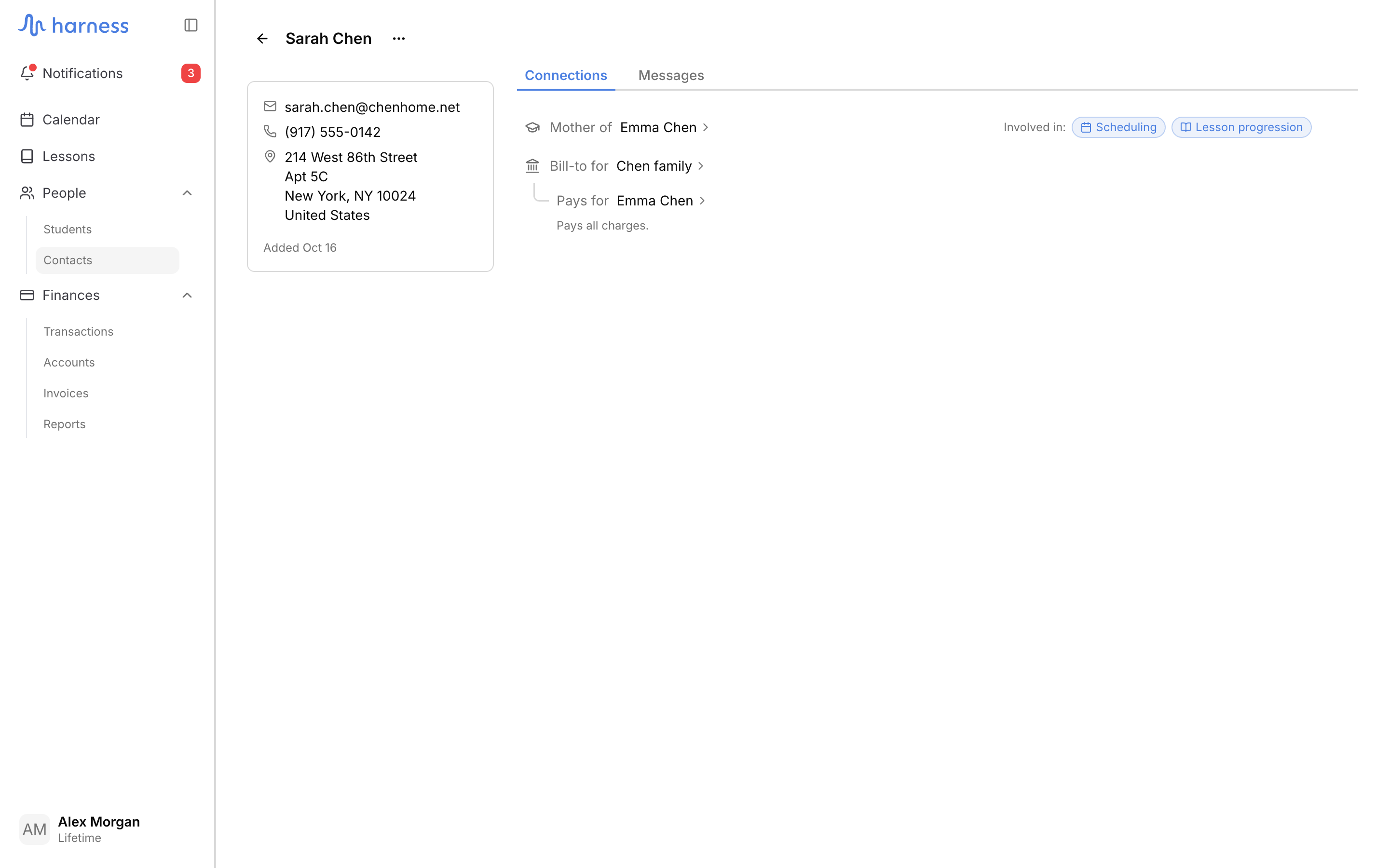 Sarah Chen's contact page on the Connections tab, with her email, phone, postal address and Added line in the sidebar, and the rows "Mother of Emma Chen" with Scheduling and Lesson progression chips and "Bill-to for Chen family" with "Pays for Emma Chen" and "Pays all charges." beneath it.