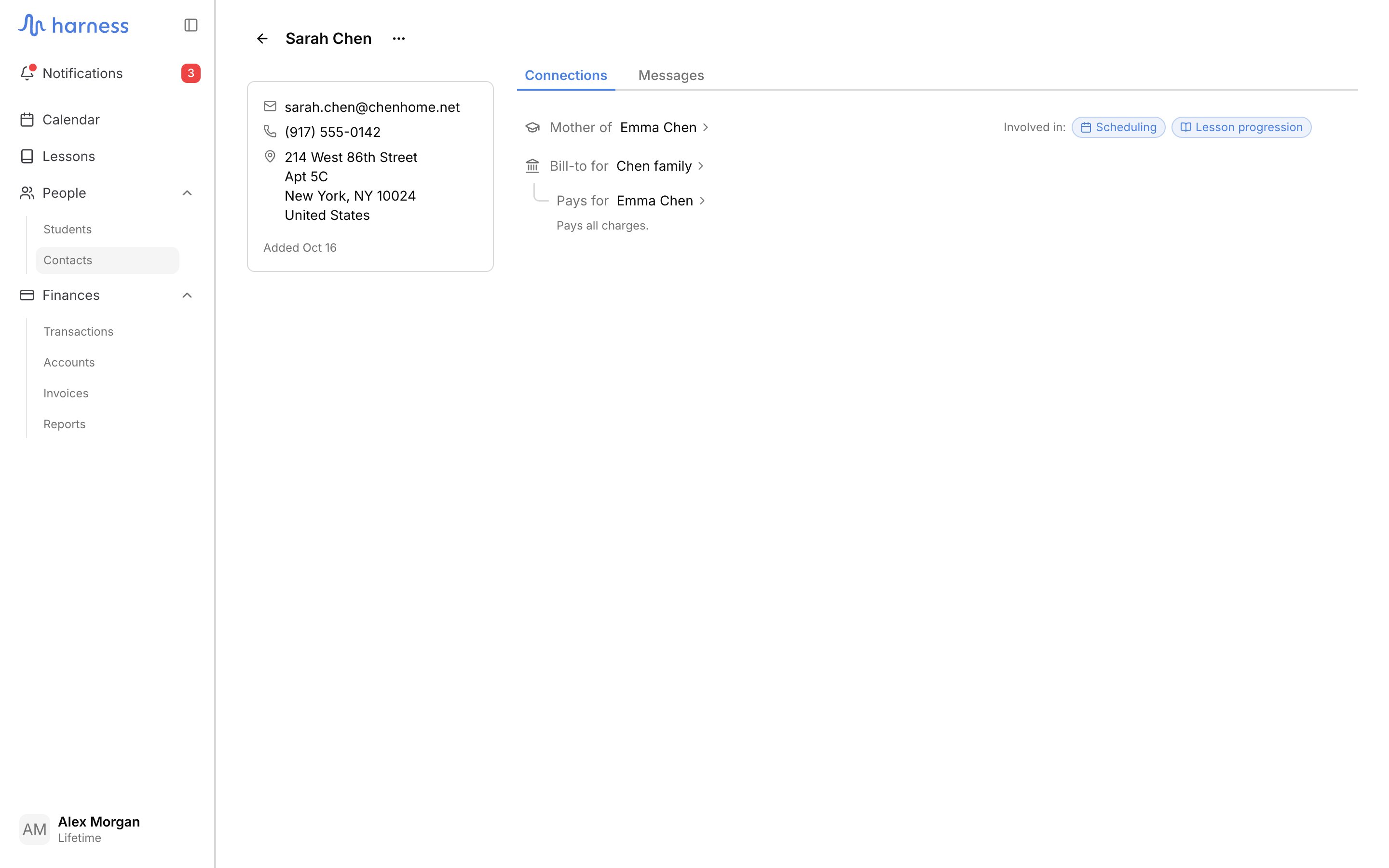 Sarah Chen's contact page on the Connections tab, with her email, phone, postal address and Added line in the sidebar, and the rows "Mother of Emma Chen" with Scheduling and Lesson progression chips and "Bill-to for Chen family" with "Pays for Emma Chen" and "Pays all charges." beneath it.