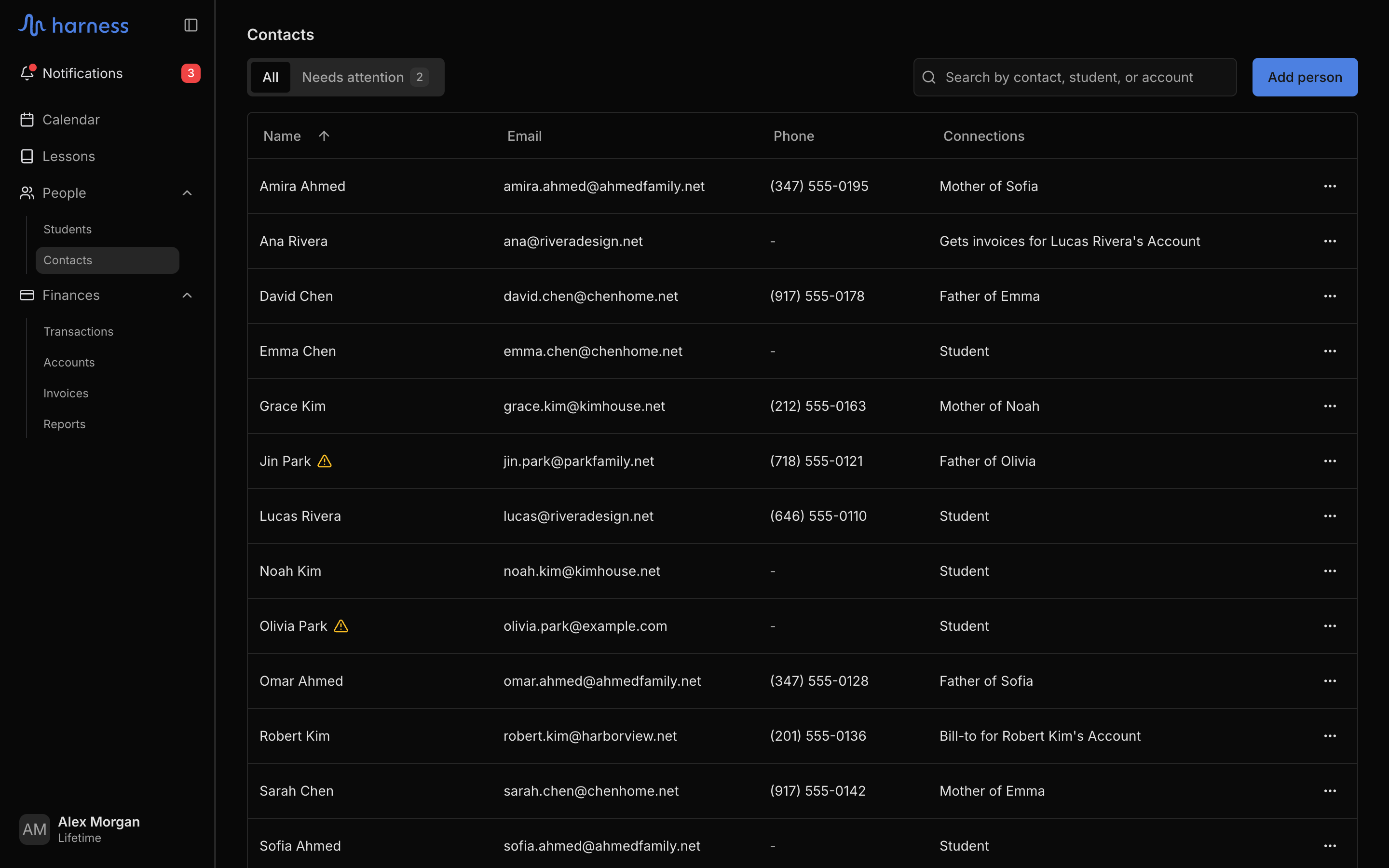 The Contacts list on the All tab with Name, Email, Phone and Connections columns, rows such as "Mother of Emma", "Father of Emma", "Student", "Bill-to for Robert Kim's Account" and "Gets invoices for Lucas Rivera's Account", warning icons beside Jin Park and Olivia Park, a Needs attention tab with a count of 2, the search box and the Add person button.