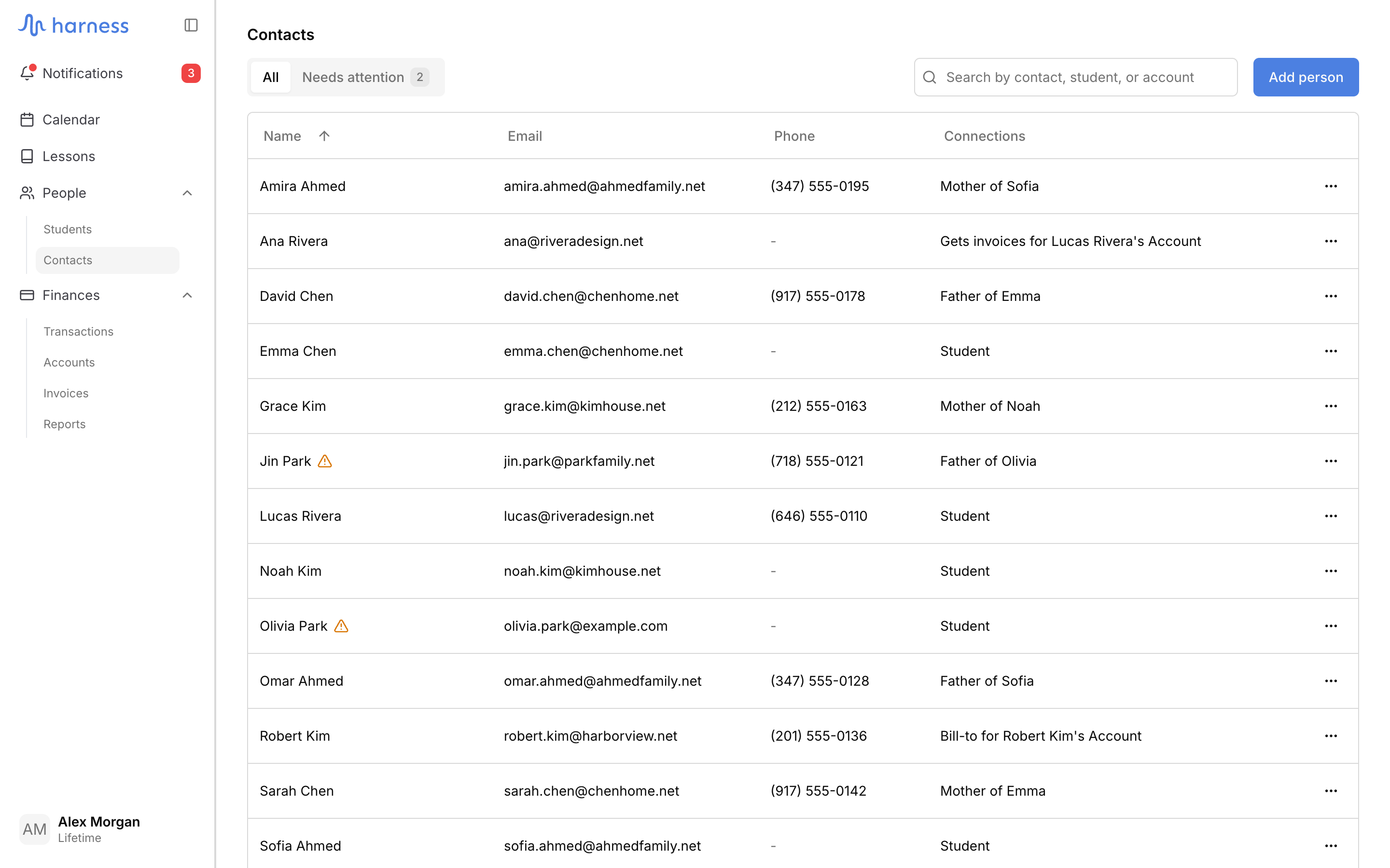 The Contacts list on the All tab with Name, Email, Phone and Connections columns, rows such as "Mother of Emma", "Father of Emma", "Student", "Bill-to for Robert Kim's Account" and "Gets invoices for Lucas Rivera's Account", warning icons beside Jin Park and Olivia Park, a Needs attention tab with a count of 2, the search box and the Add person button.