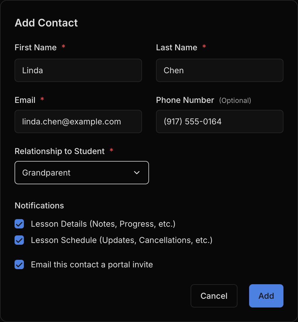 The Add Contact dialog with a name, email, and Grandparent relationship filled in, both Lesson Details and Lesson Schedule ticked, and Email this contact a portal invite ticked