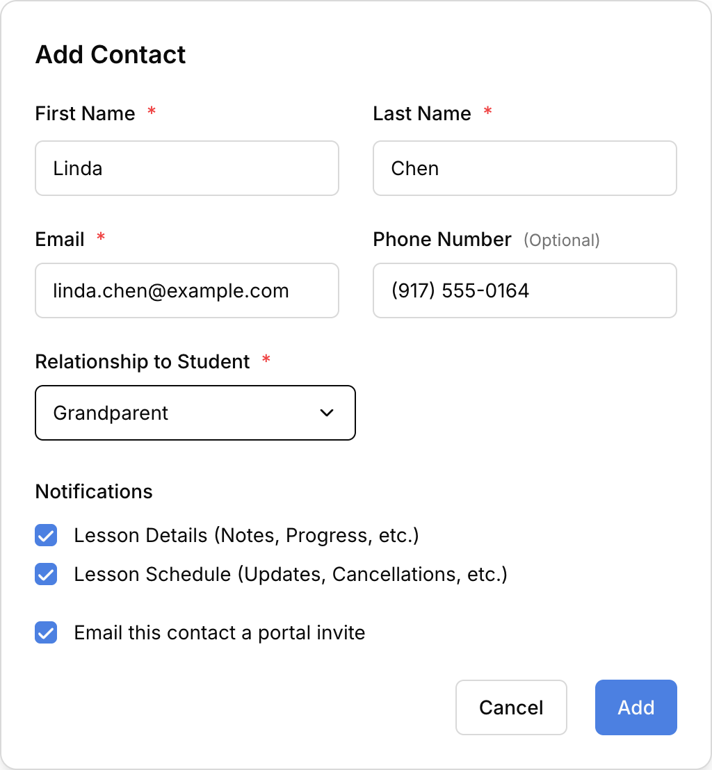 The Add Contact dialog with a name, email, and Grandparent relationship filled in, both Lesson Details and Lesson Schedule ticked, and Email this contact a portal invite ticked