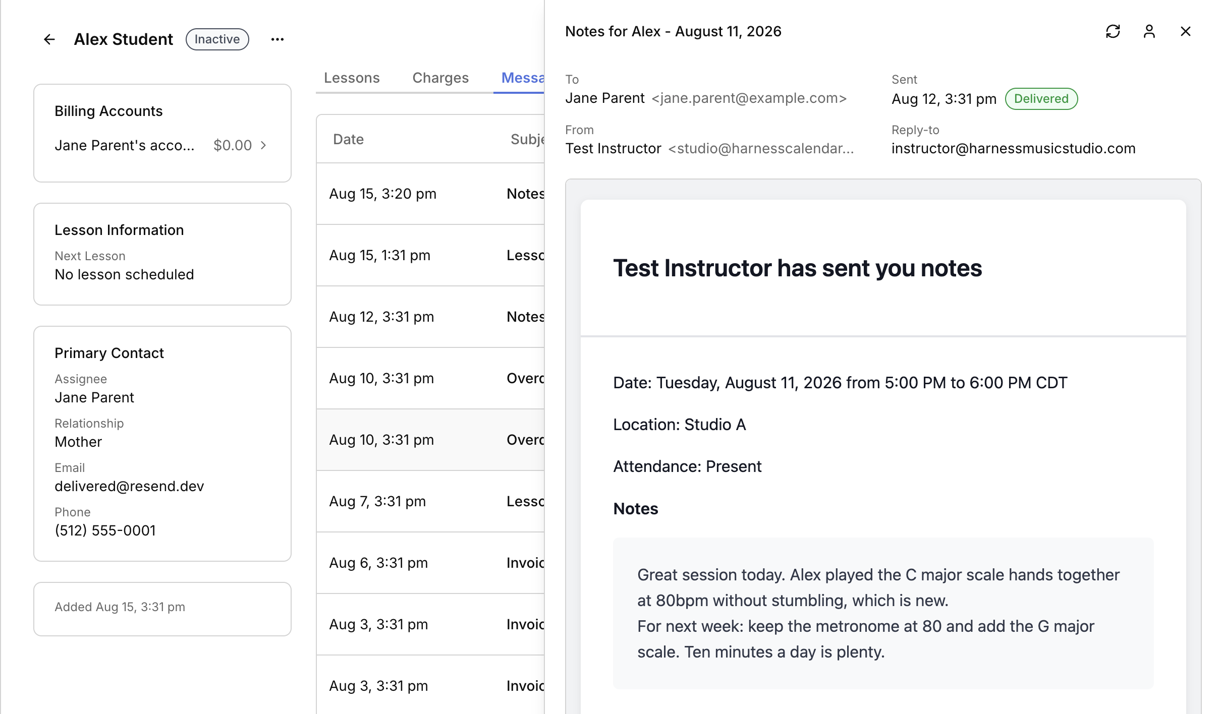 A student's Messages tab: a dated list of everything sent about them, with the preview open beside it showing who received the lesson notes, a green Delivered pill, and the email exactly as it arrived