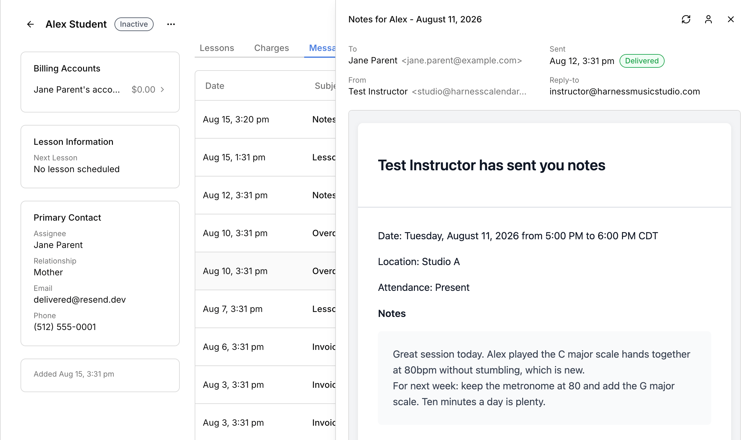 A student's Messages tab: a dated list of everything sent about them, with the preview open beside it showing who received the lesson notes, a green Delivered pill, and the email exactly as it arrived