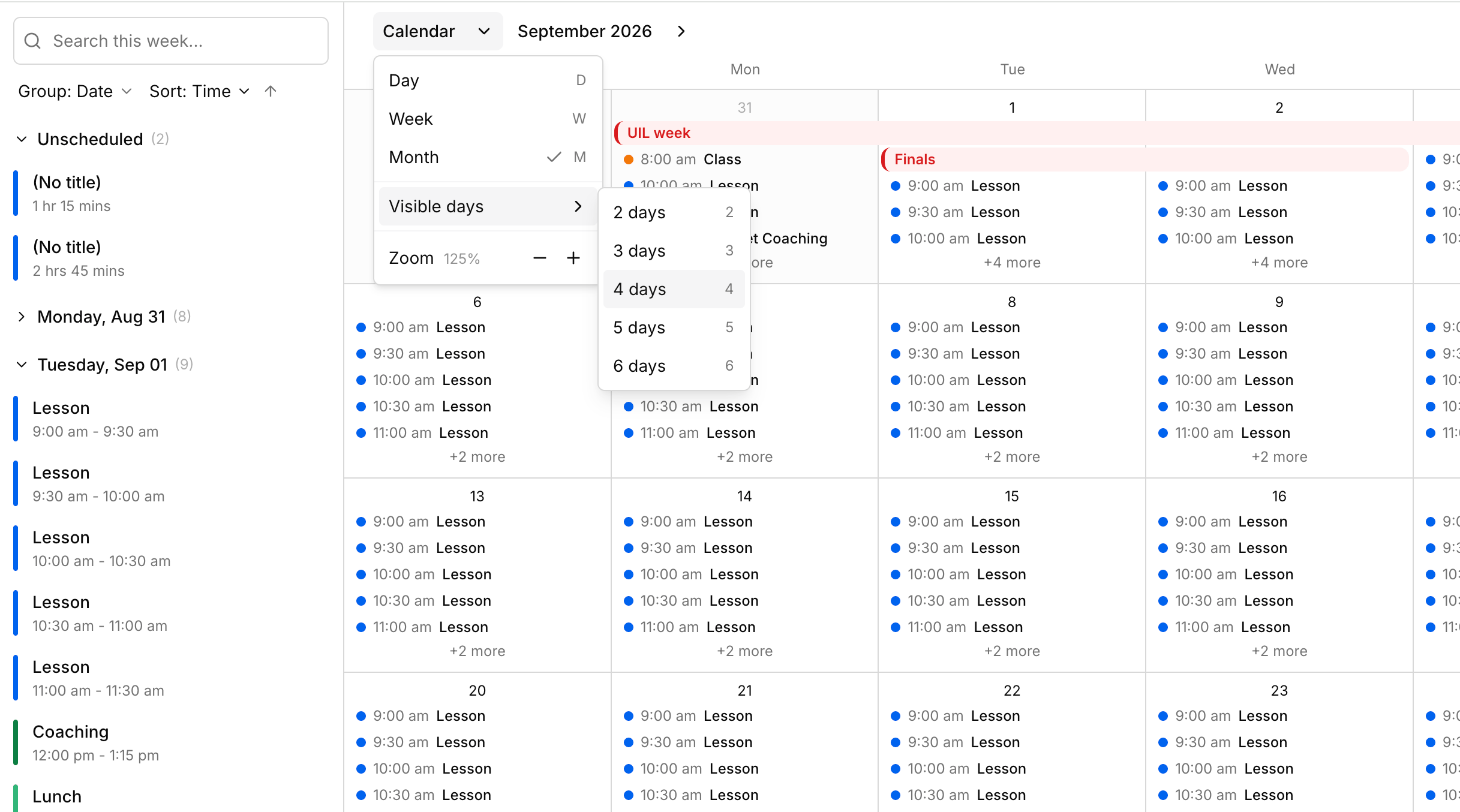 Calendar month view with the day, week, month, and visible-days switcher open