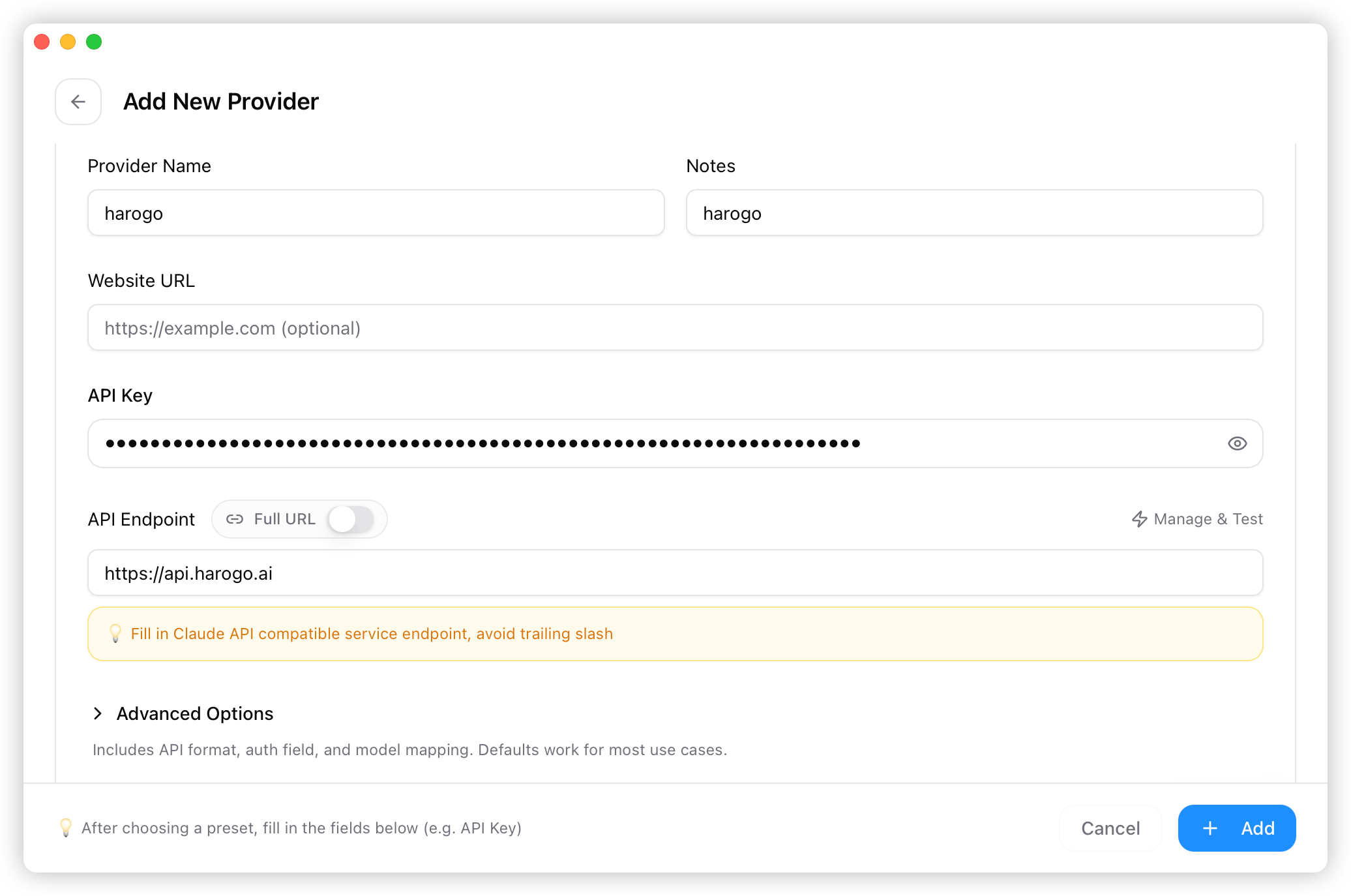 CC Switch AiHubMix 配置表单中填写 API Key 的界面