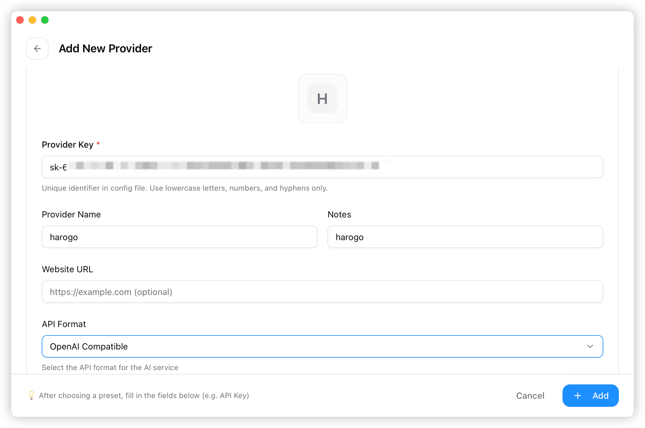 Filling in the provider configuration form Filling in the provider configuration form