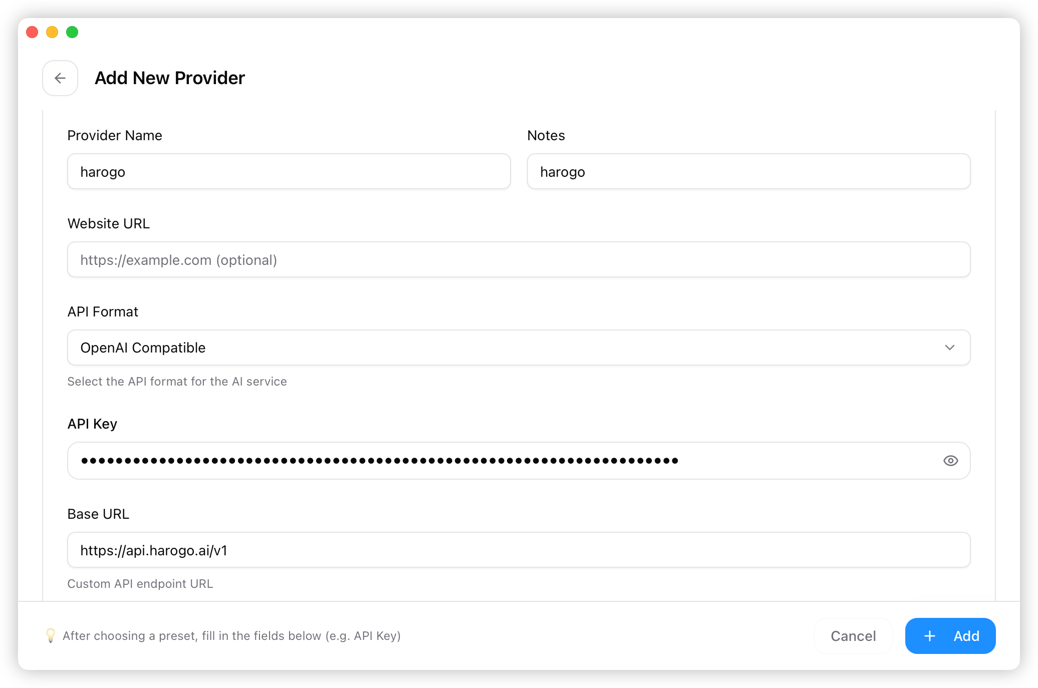 Filling in the provider configuration form Filling in the provider configuration form