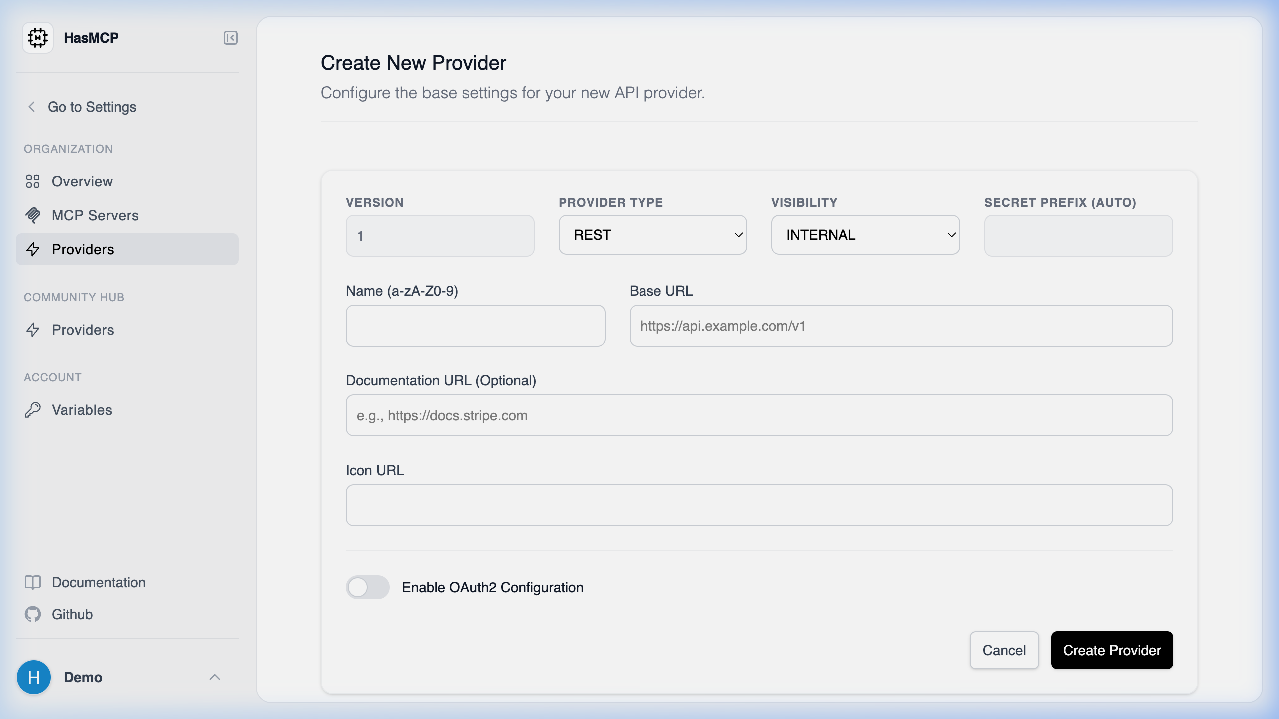 New Provider Creation Page