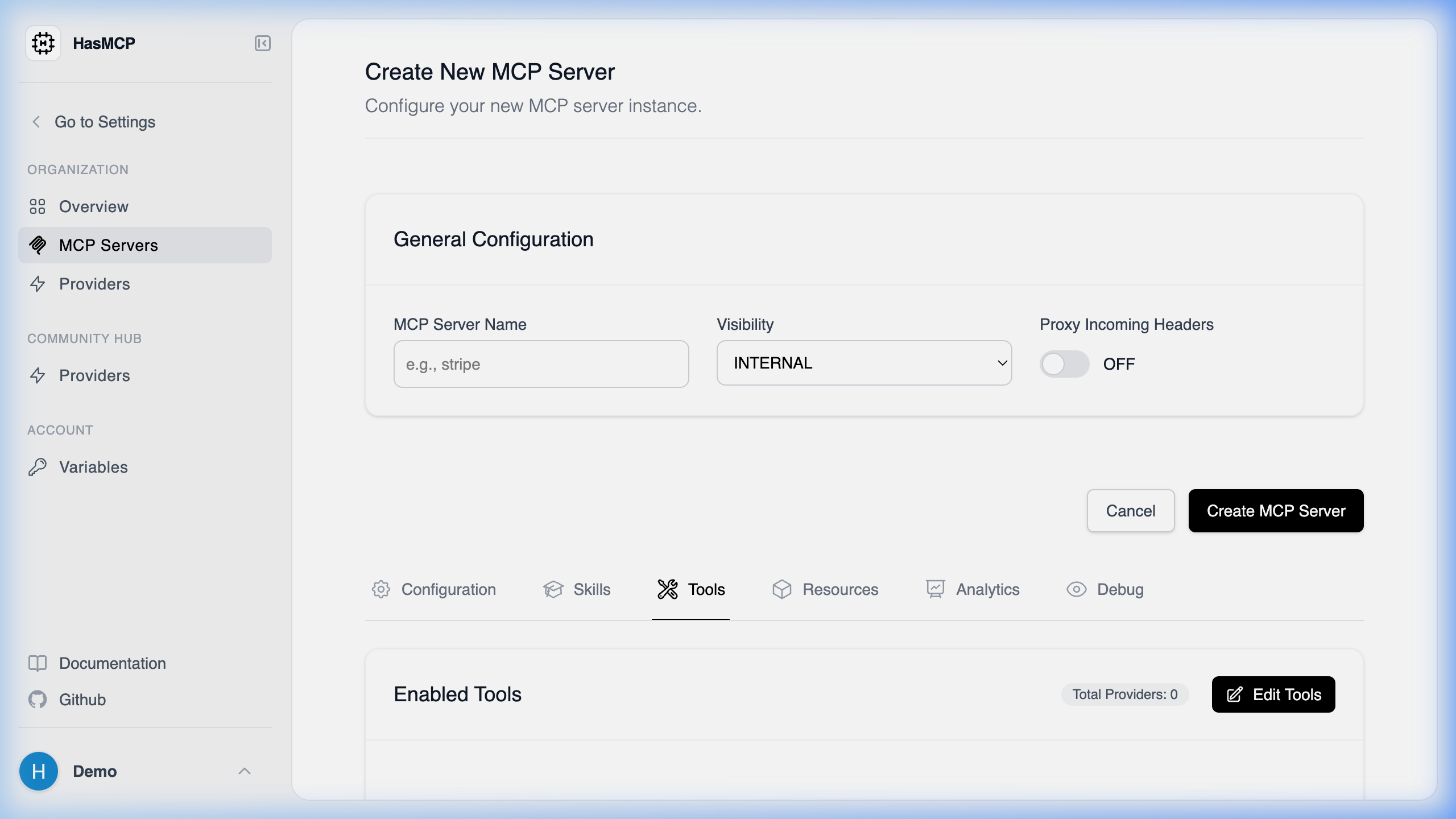 New Server Creation Page