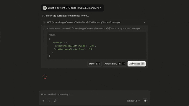Claude Desktop Checks Current BTC Price In Multiple Currencies