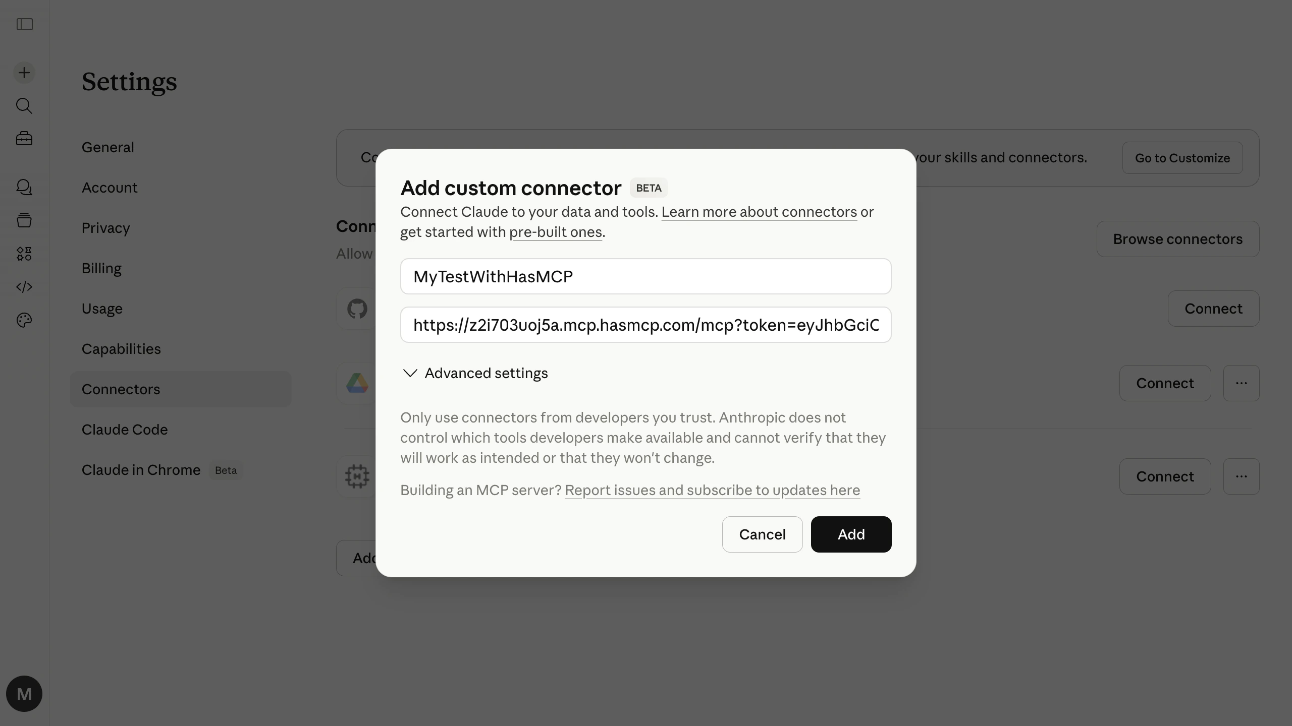 Add custom connector dialog with a HasMCP MCP server URL entered in the URL field