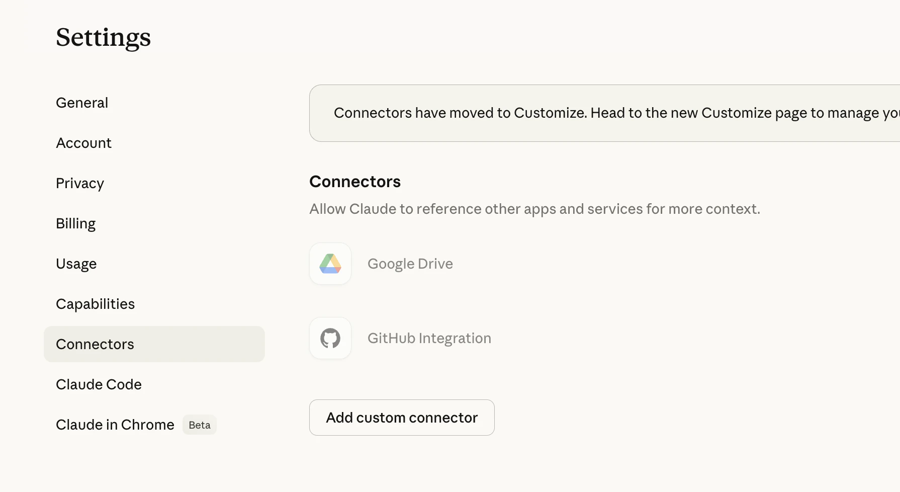 Claude Settings Connectors page showing Google Drive, GitHub Integration, and the Add custom connector button