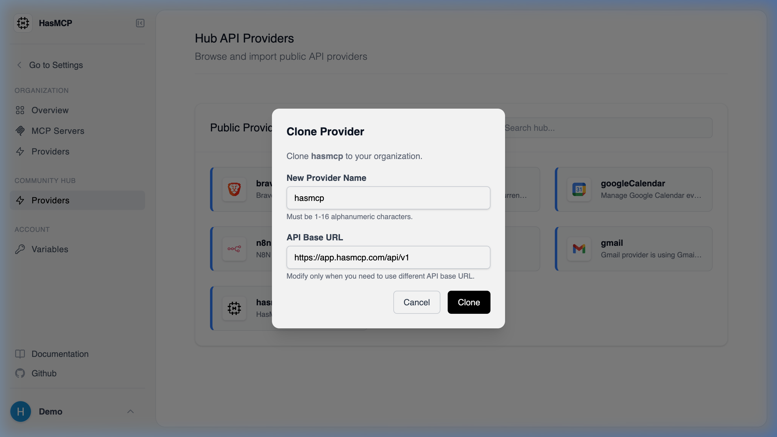 Clone Provider Modal