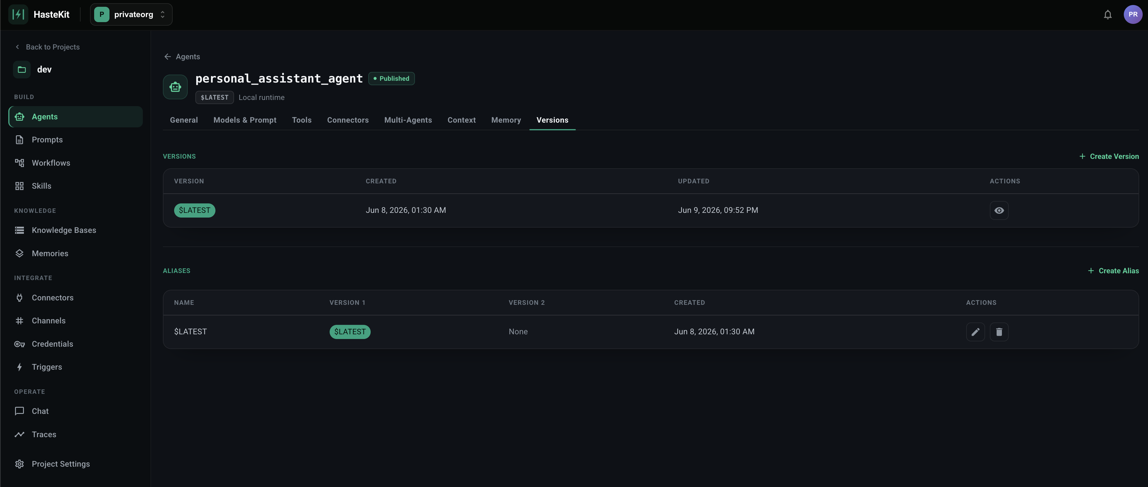 Versions tab