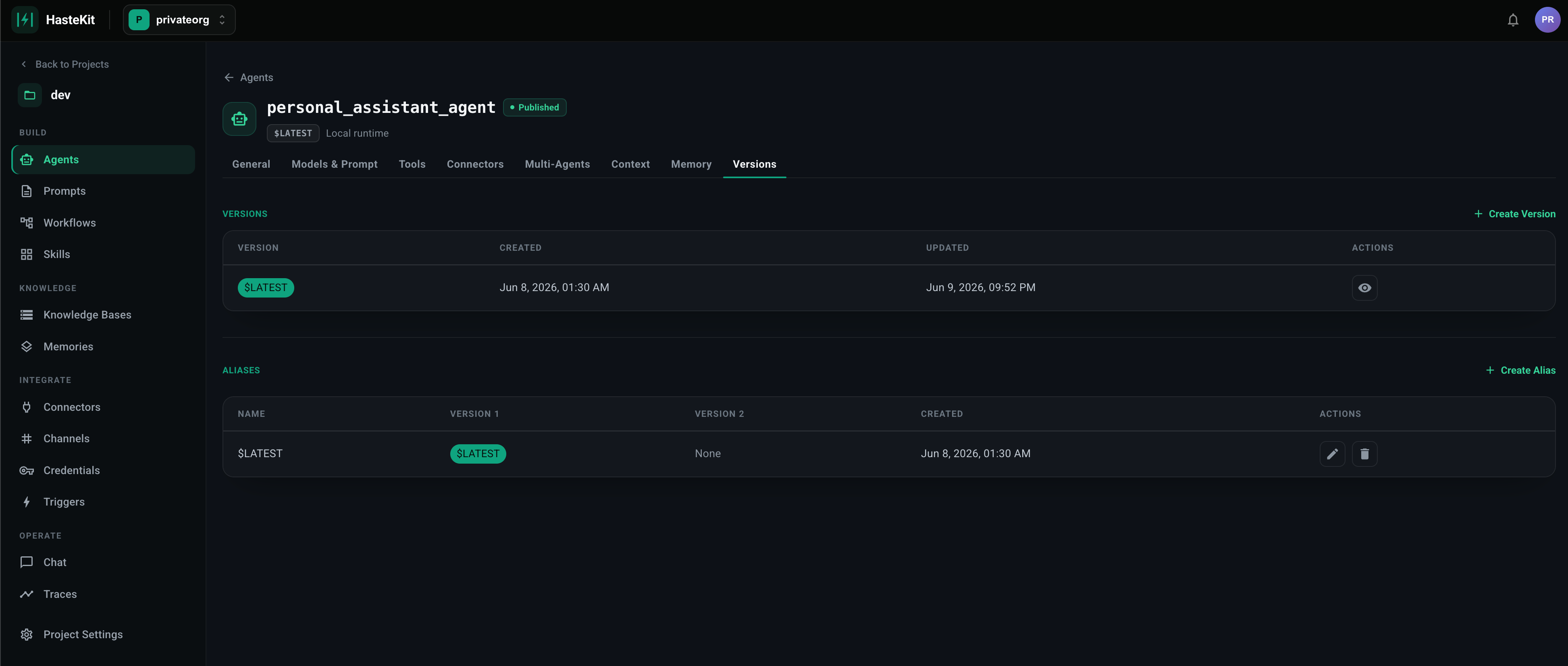 Versions tab