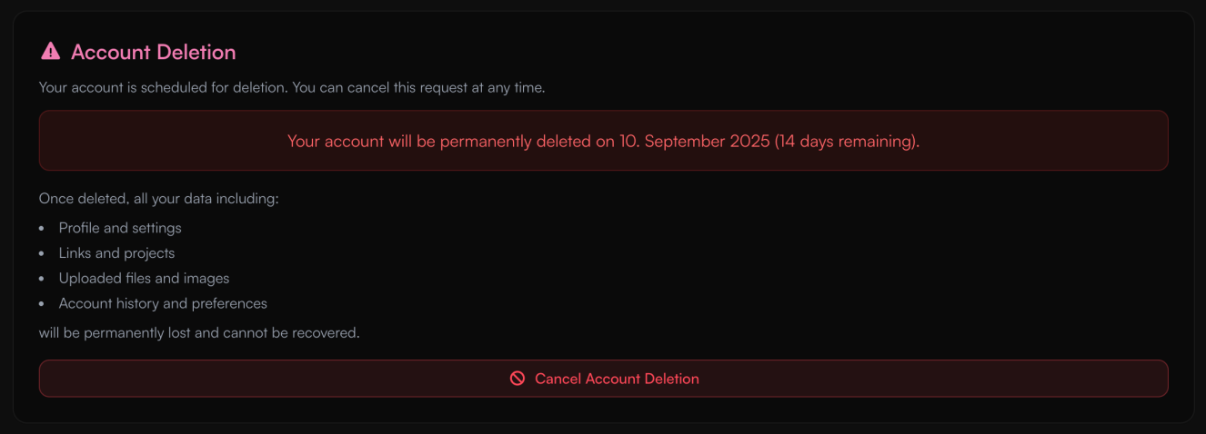 Account deletion confirmation interface