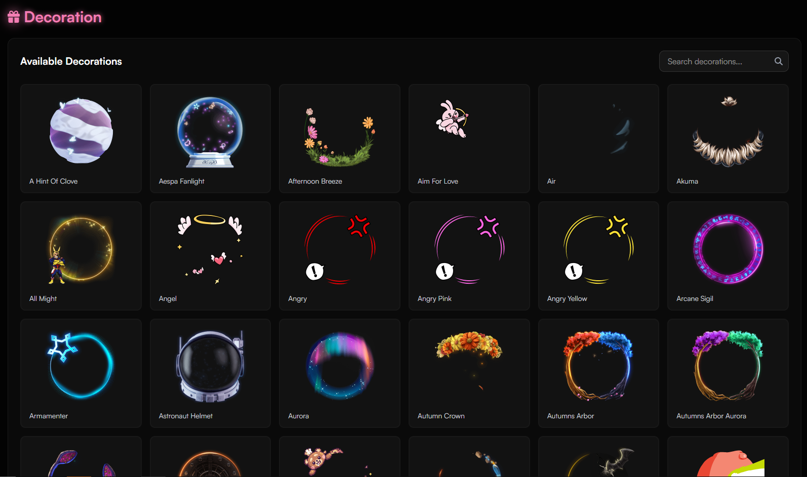Decorations Page Overview