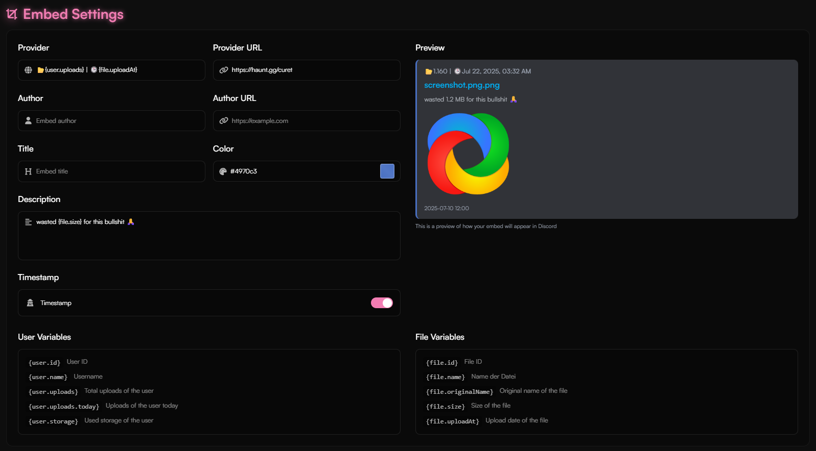 Embed Settings Interface