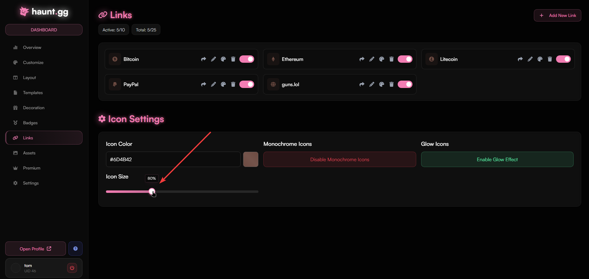 Links Icon Size