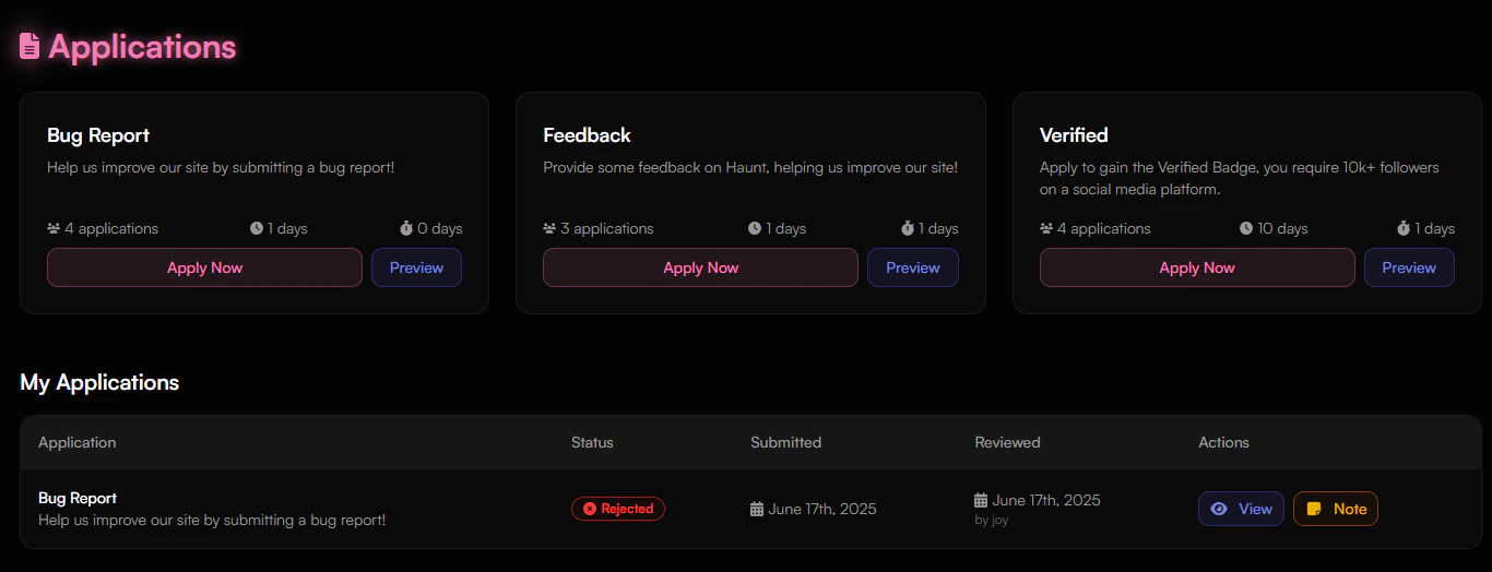 Applications Dashboard Interface