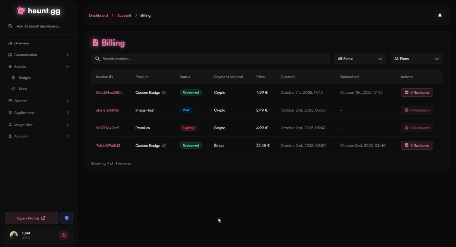 Dashboard billing page