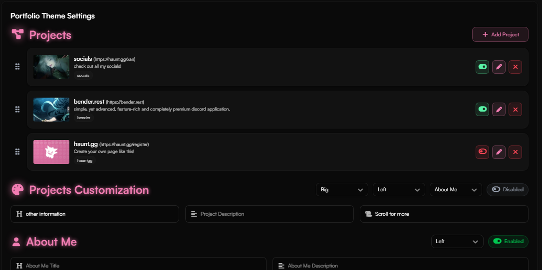 Portfolio Theme Settings