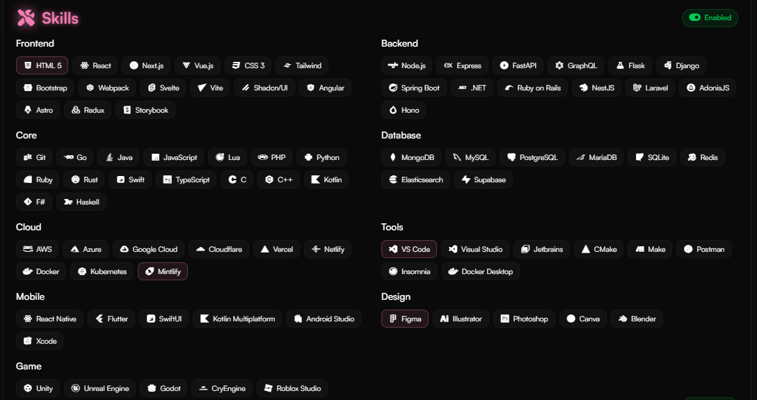 Portfolio Theme Settings (Skills)