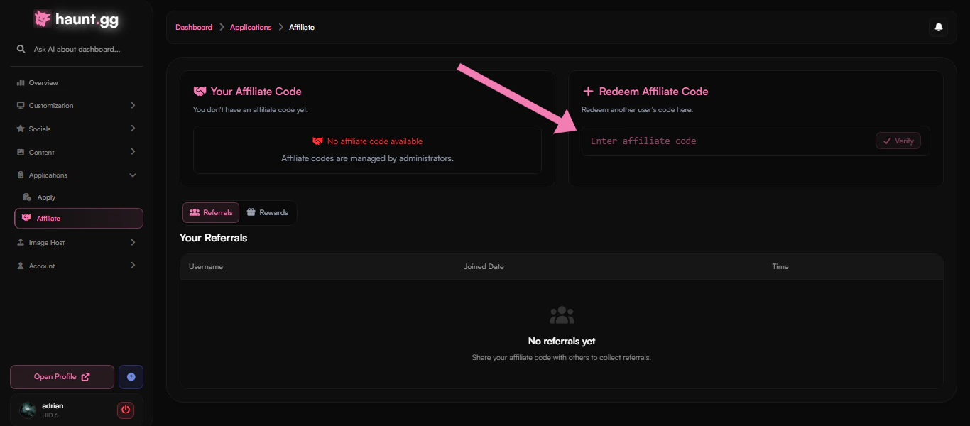 Redeem Affiliate Code Interface