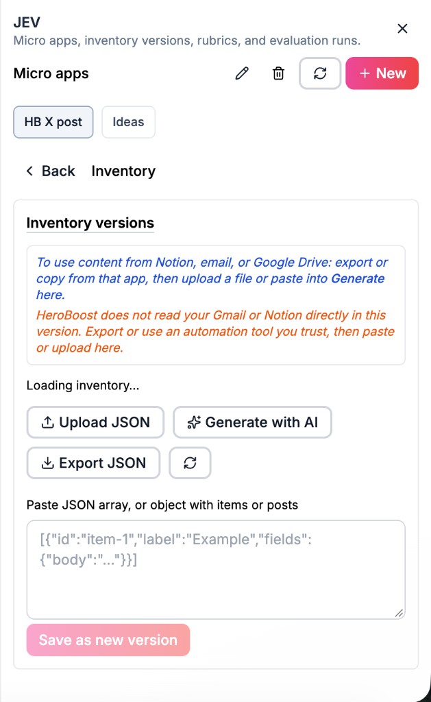 Inventory versions screen with upload, generate, export, and paste JSON