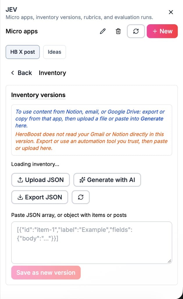 Inventory versions screen with upload, generate, export, and paste JSON