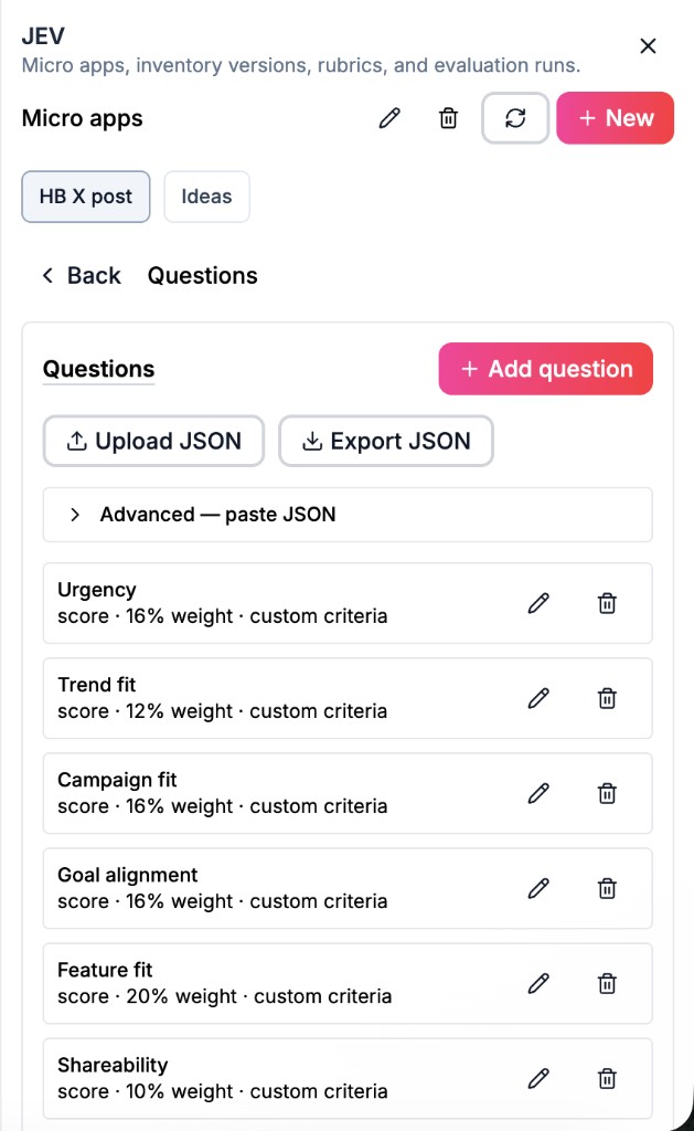 Questions list showing score criteria and weights