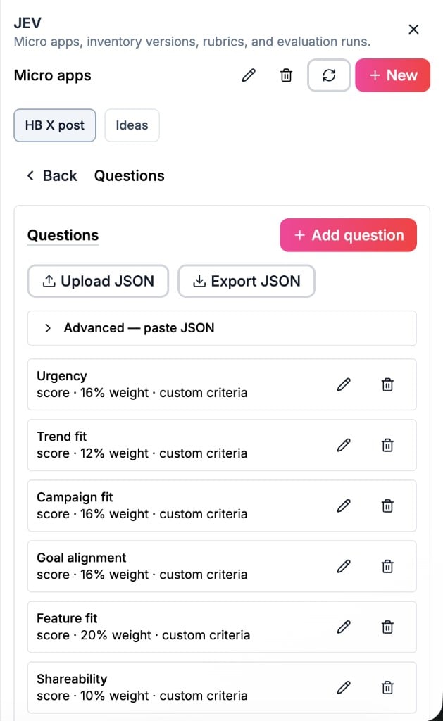 Questions list showing score criteria and weights