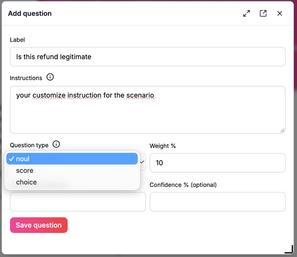 Add question modal with question type dropdown open