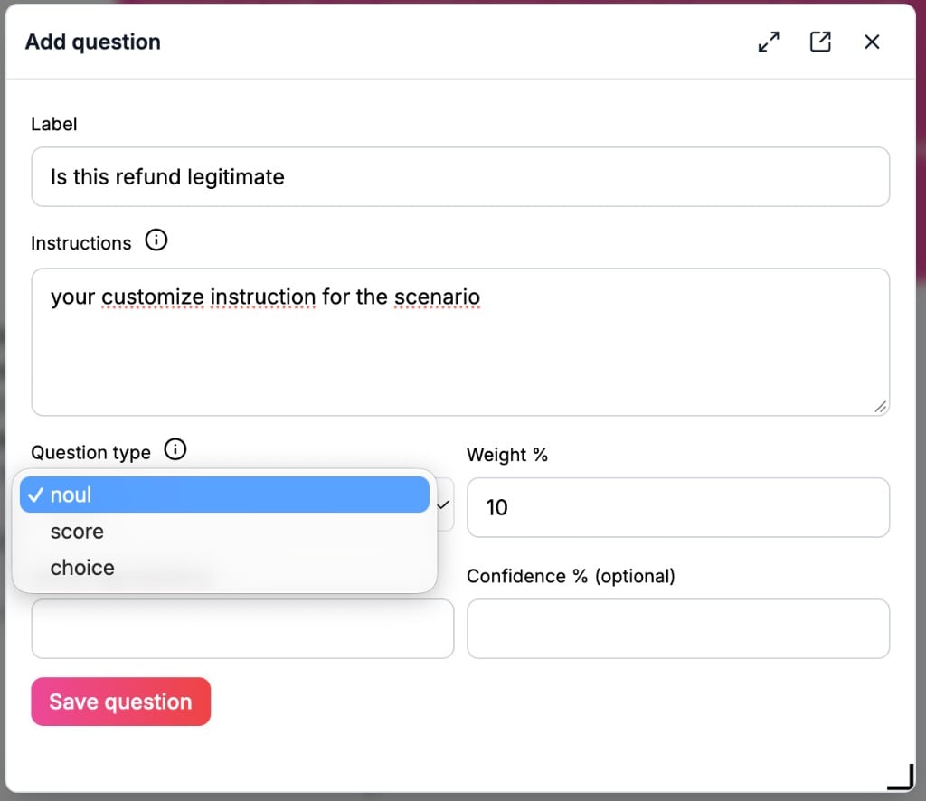 Add question modal with question type dropdown open