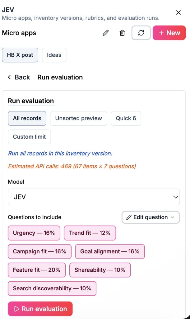 Run evaluation configuration with All records selected