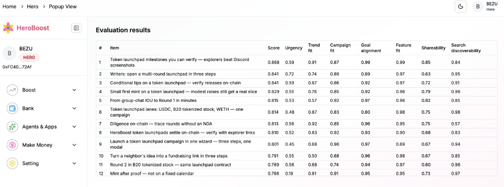 Full-page Evaluation results table with HeroBoost sidebar