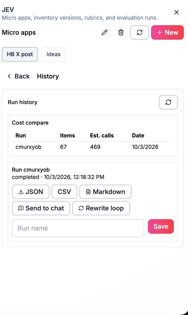 JEV History with run export and Rewrite loop actions