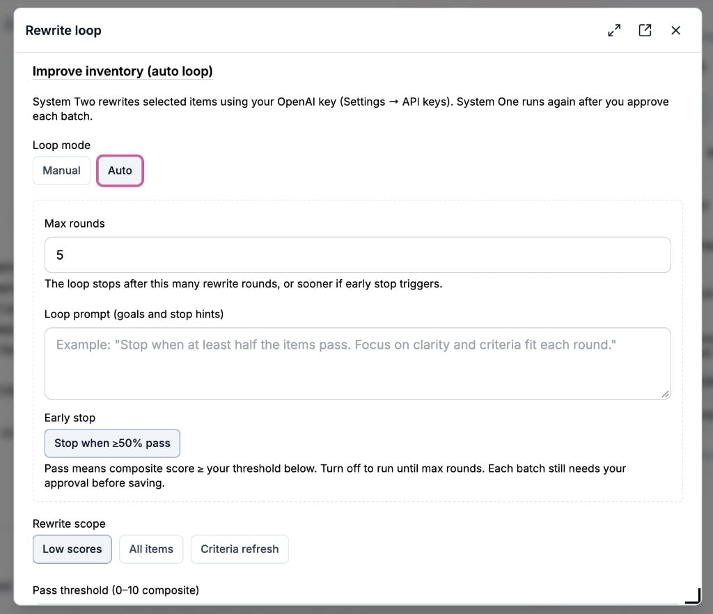 Rewrite loop modal with Auto mode, max rounds, and early stop